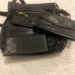 Fossil Black Leather Shoulder Bag with Matching Wallets